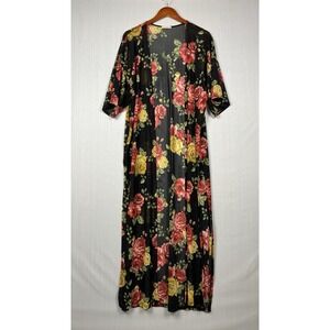 Mirabilia Kimono Women L Black Floral Rose Mesh Duster Cardigan Maxi Sheer Boho